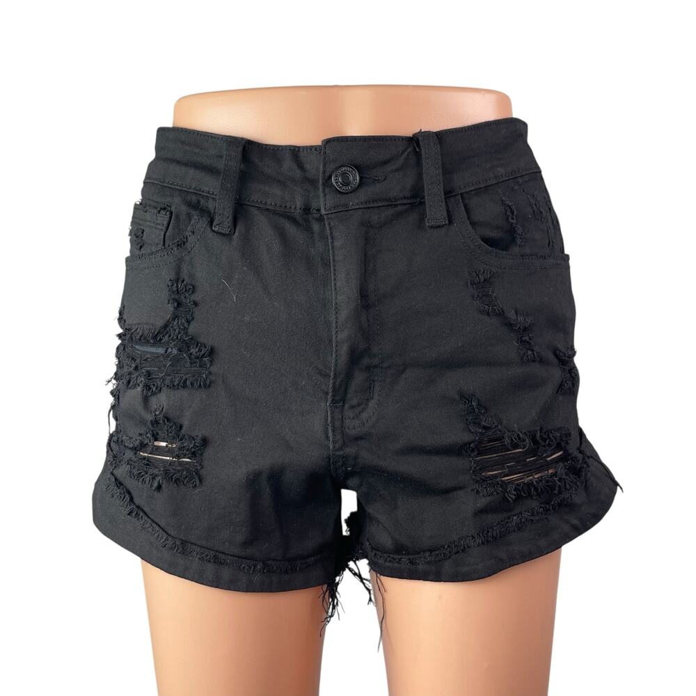 Kancan Women's Black Distressed High Waisted Mini Frayed Cutoff Shorts Size 27